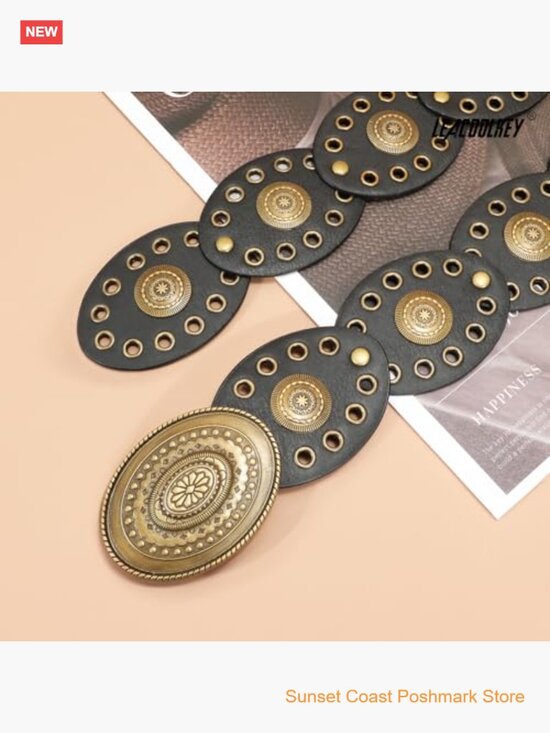 Western Concho Disc Belt Faux Leather Black Bronze Cowgirl Festival Boho main image 4